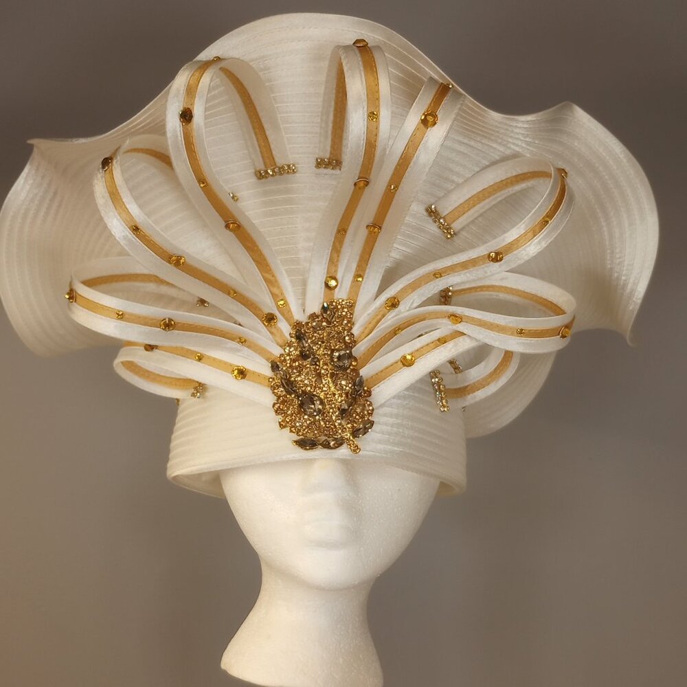 Ben Marc International Hat. White with Gold Trim and Rhinestones. One Size.